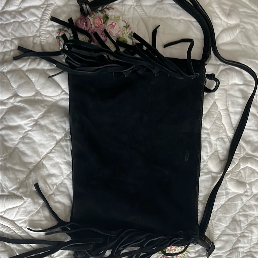 Fringed Black Suede Shoulder Bag
